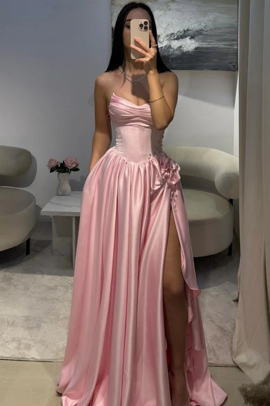 Elegant A-Line Strapless Sweetheart Ruched Embellished Pink Floor-Length Prom Dresses