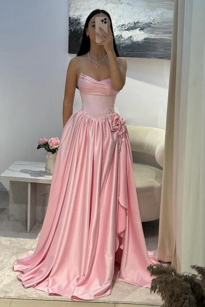 Elegant A-Line Strapless Sweetheart Ruched Embellished Pink Floor-Length Prom Dresses