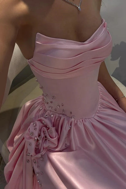 Elegant A-Line Strapless Sweetheart Ruched Embellished Pink Floor-Length Prom Dresses