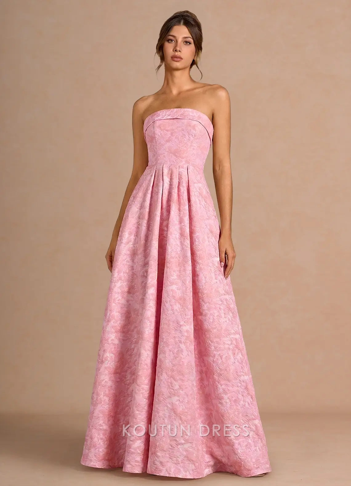 Elegant A-Line Strapless Textured Pleated Pink Floor-Length Prom Dress