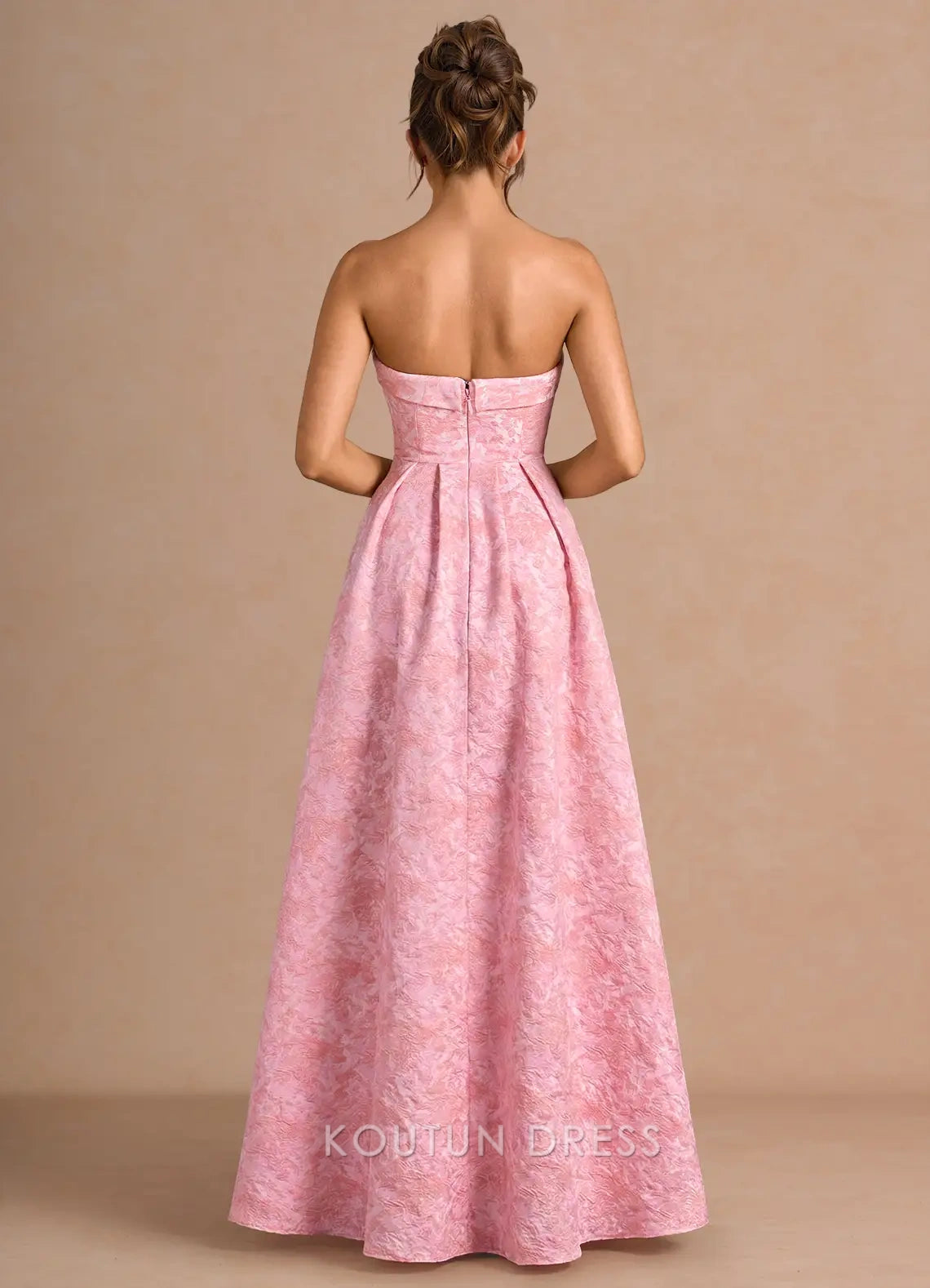 Elegant A-Line Strapless Textured Pleated Pink Floor-Length Prom Dress