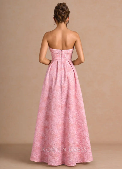 Elegant A-Line Strapless Textured Pleated Pink Floor-Length Prom Dress