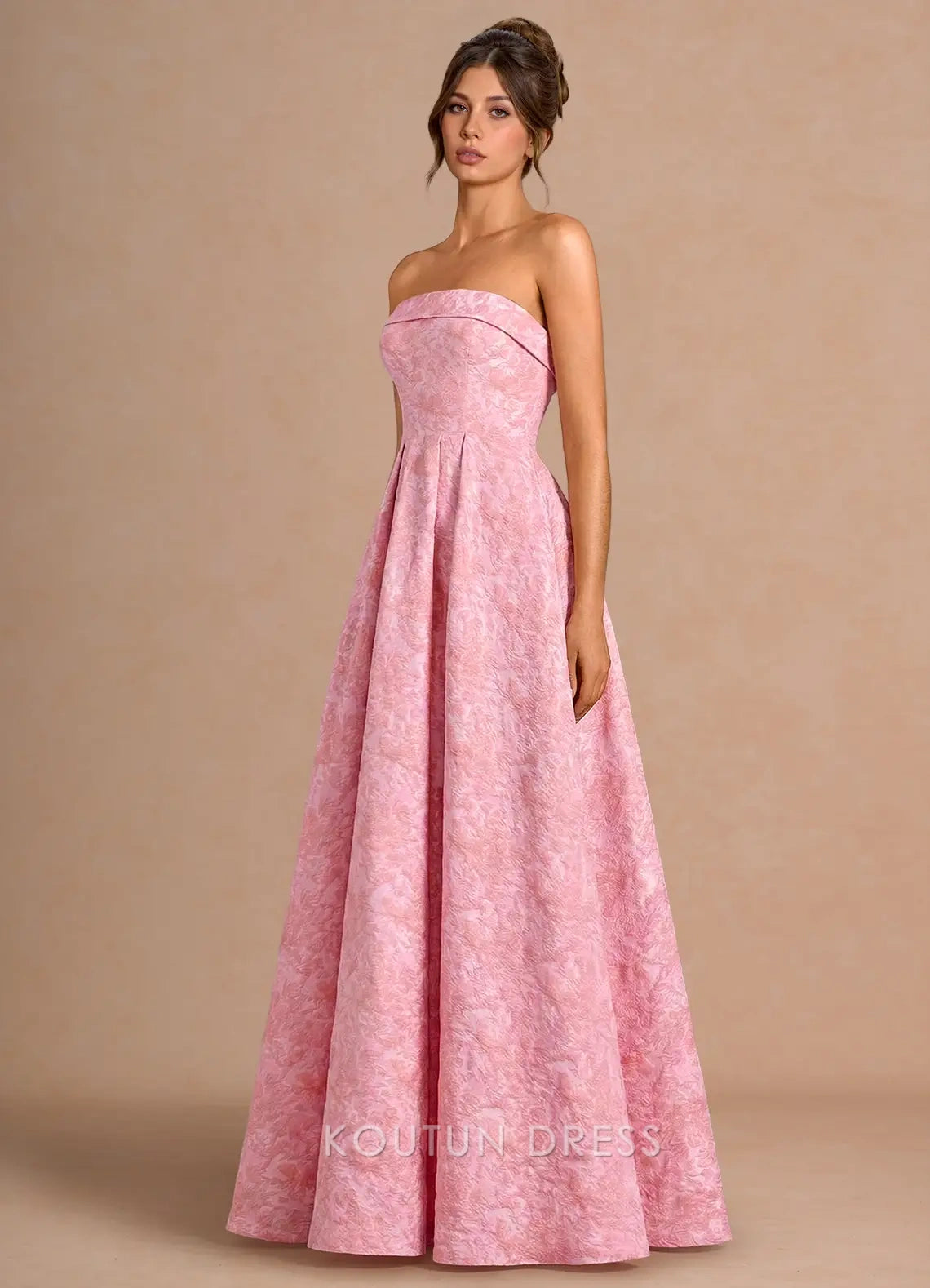 Elegant A-Line Strapless Textured Pleated Pink Floor-Length Prom Dress