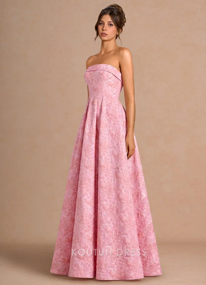 Elegant A-Line Strapless Textured Pleated Pink Floor-Length Prom Dress