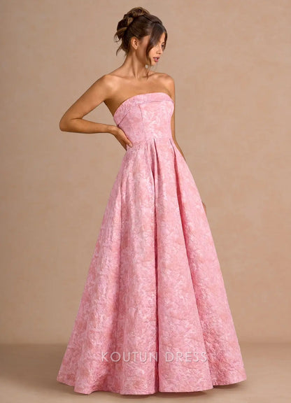 Elegant A-Line Strapless Textured Pleated Pink Floor-Length Prom Dress
