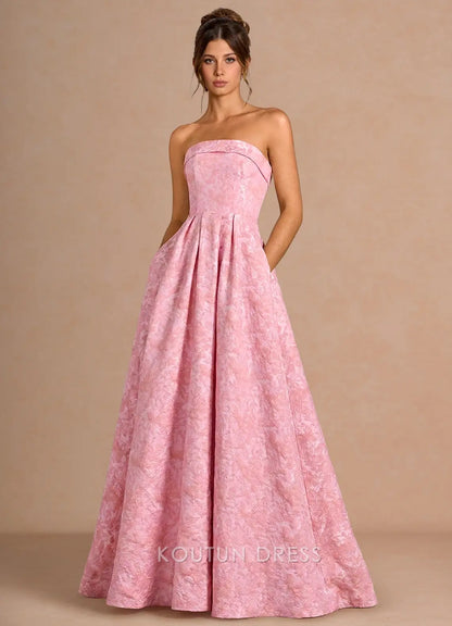 Elegant A-Line Strapless Textured Pleated Pink Floor-Length Prom Dress