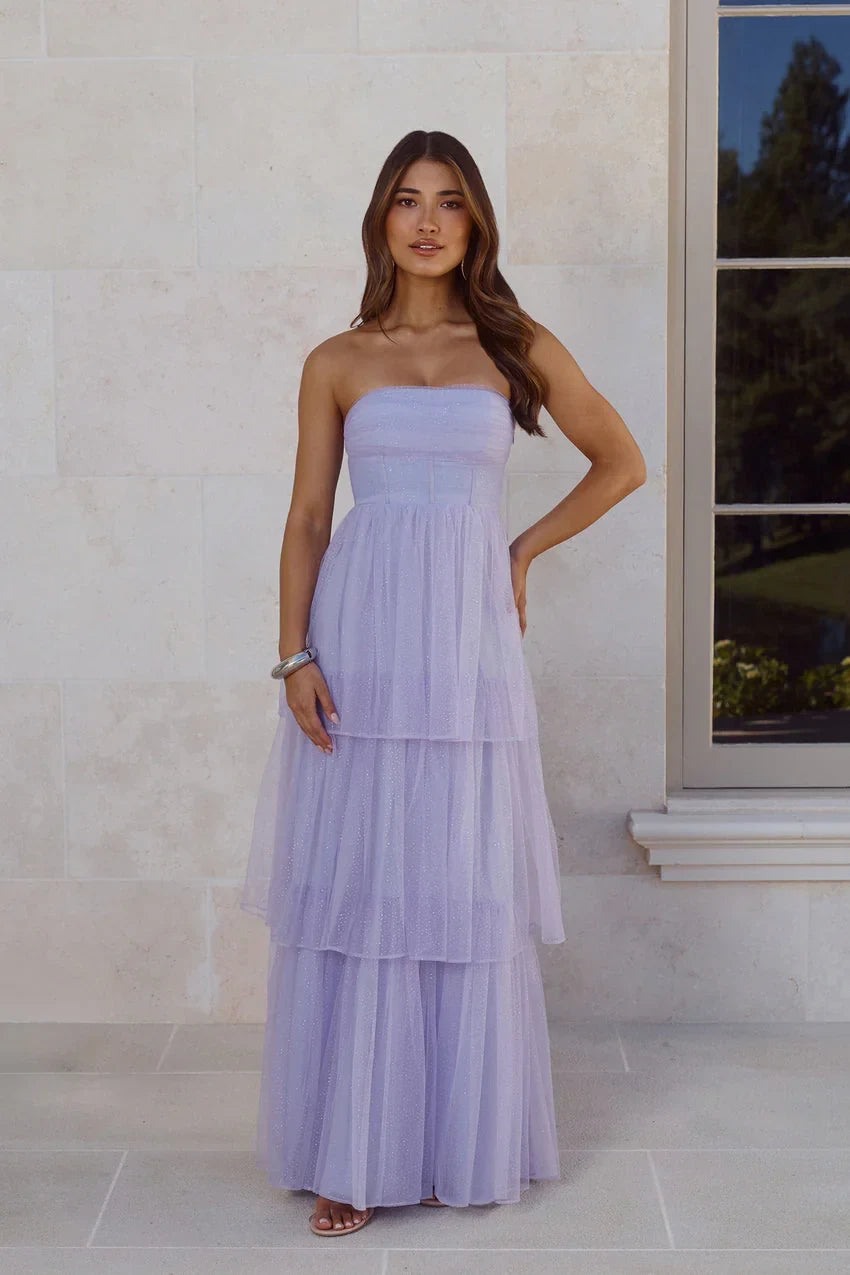 Elegant A-Line Strapless Tiered Glitter Lavender Maxi Prom Dress Women's Gown