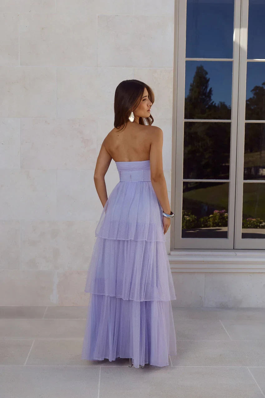 Elegant A-Line Strapless Tiered Glitter Lavender Maxi Prom Dress Women's Gown