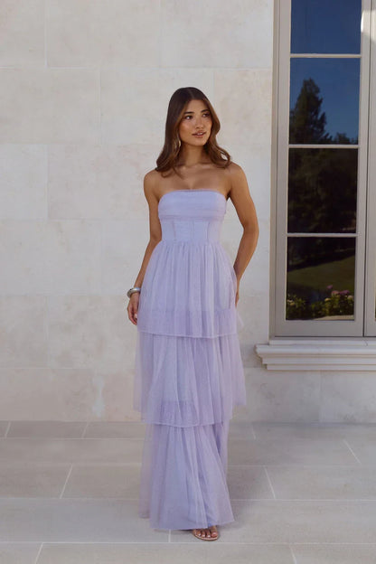 Elegant A-Line Strapless Tiered Glitter Lavender Maxi Prom Dress Women's Gown
