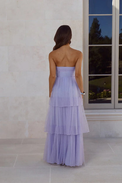 Elegant A-Line Strapless Tiered Glitter Lavender Maxi Prom Dress Women's Gown