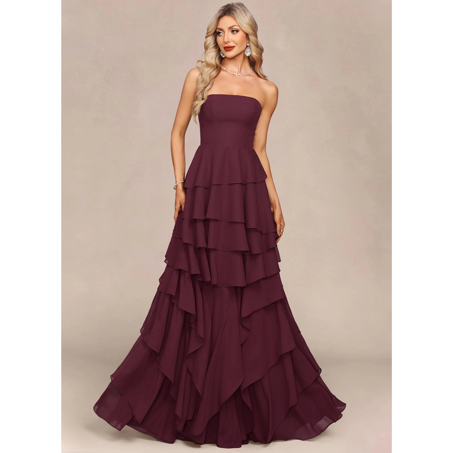 Elegant A-Line Strapless Tiered Ruffle Burgundy Floor-Length Prom Dresses Gown