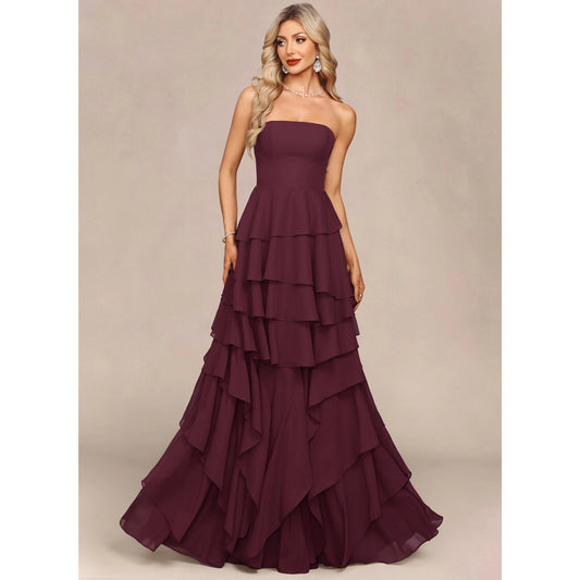 Elegant A-Line Strapless Tiered Ruffle Burgundy Floor-Length Prom Dresses Gown