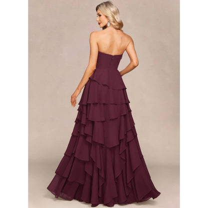 Elegant A-Line Strapless Tiered Ruffle Burgundy Floor-Length Prom Dresses Gown