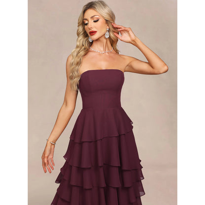 Elegant A-Line Strapless Tiered Ruffle Burgundy Floor-Length Prom Dresses Gown