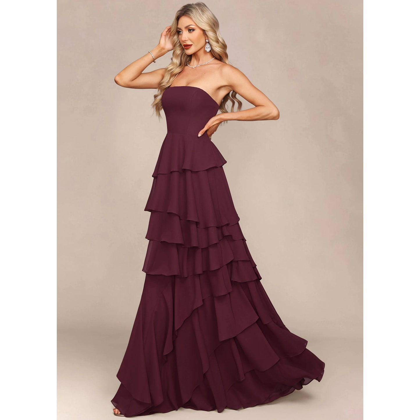 Elegant A-Line Strapless Tiered Ruffle Burgundy Floor-Length Prom Dresses Gown