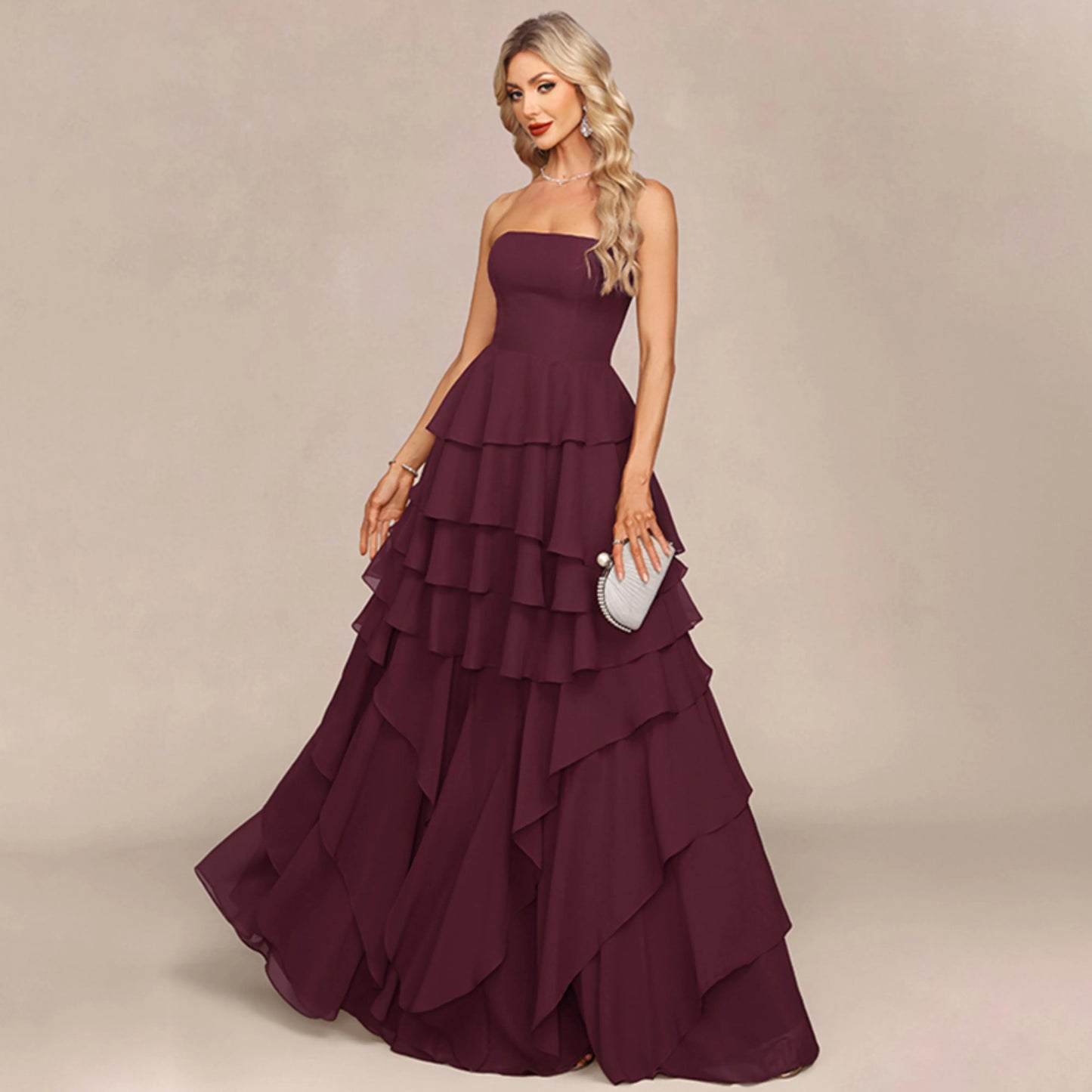 Elegant A-Line Strapless Tiered Ruffle Burgundy Floor-Length Prom Dresses Gown