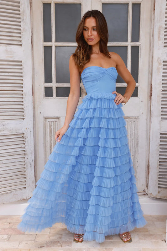Elegant A-Line Strapless Tiered Ruffle Sky Blue Floor-Length Prom Gown