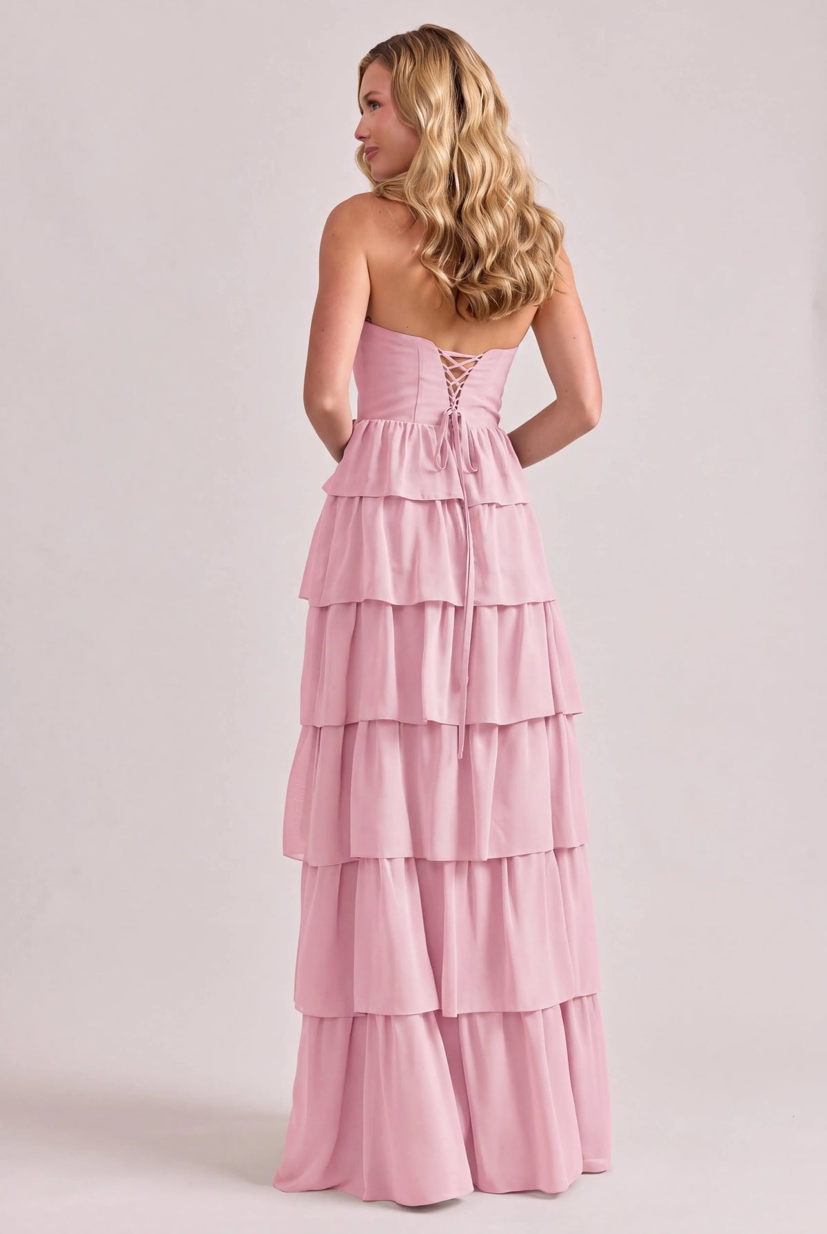 Elegant A-Line Strapless Tiered Ruffled Pink Floor-Length Prom Gown