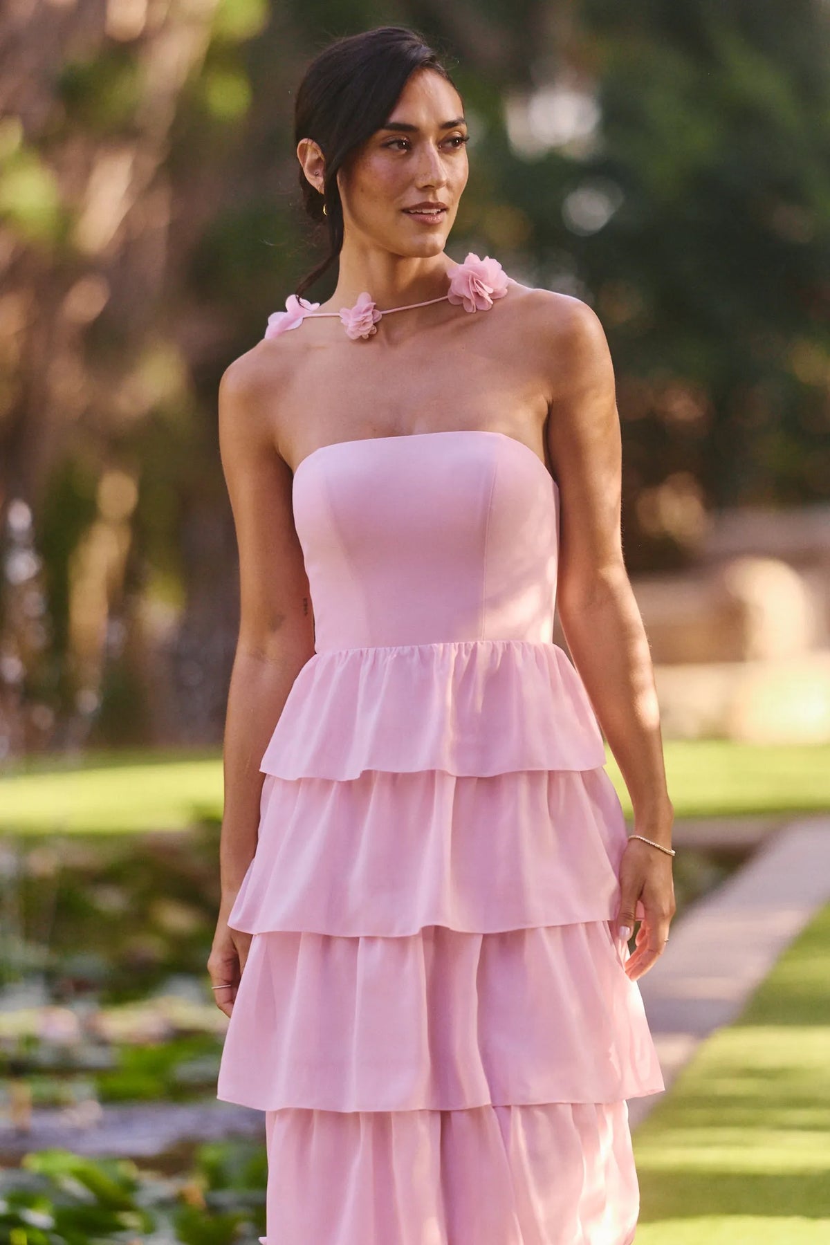 Elegant A-Line Strapless Tiered Ruffled Pink Floor-Length Prom Gown