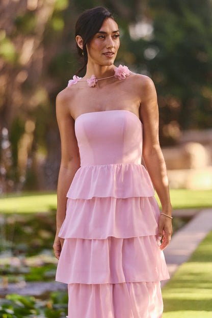 Elegant A-Line Strapless Tiered Ruffled Pink Floor-Length Prom Gown