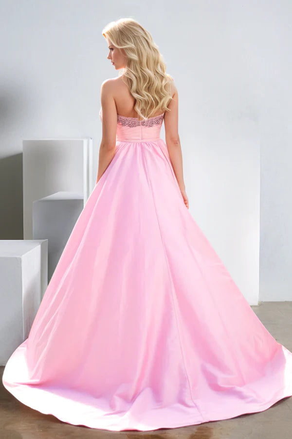 Elegant A-Line Sweetheart Beaded High Slit Pink Floor-Length Prom Dresses