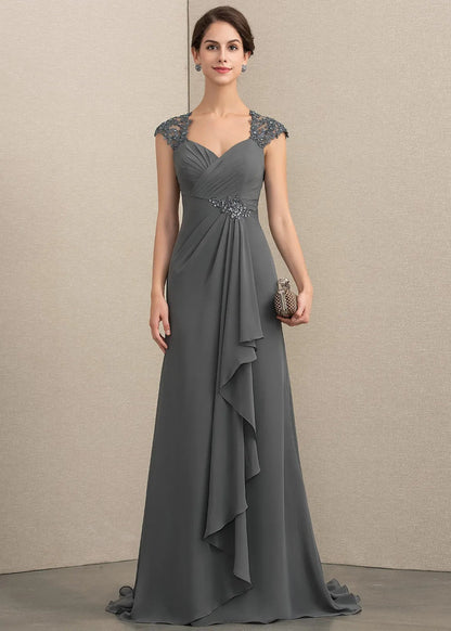 Elegant A-Line Sweetheart Cap Sleeve Beaded Ruched Charcoal Floor-Length Mother of the Bride Dress