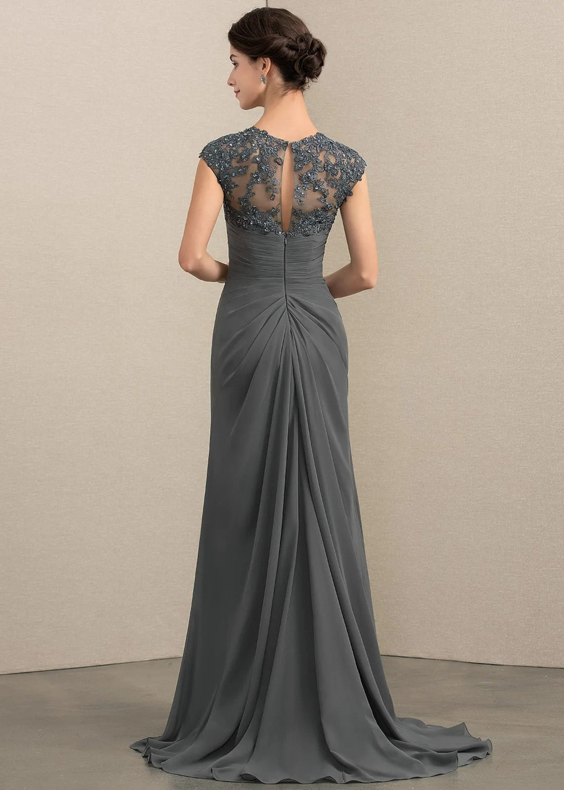 Elegant A-Line Sweetheart Cap Sleeve Beaded Ruched Charcoal Floor-Length Mother of the Bride Dress