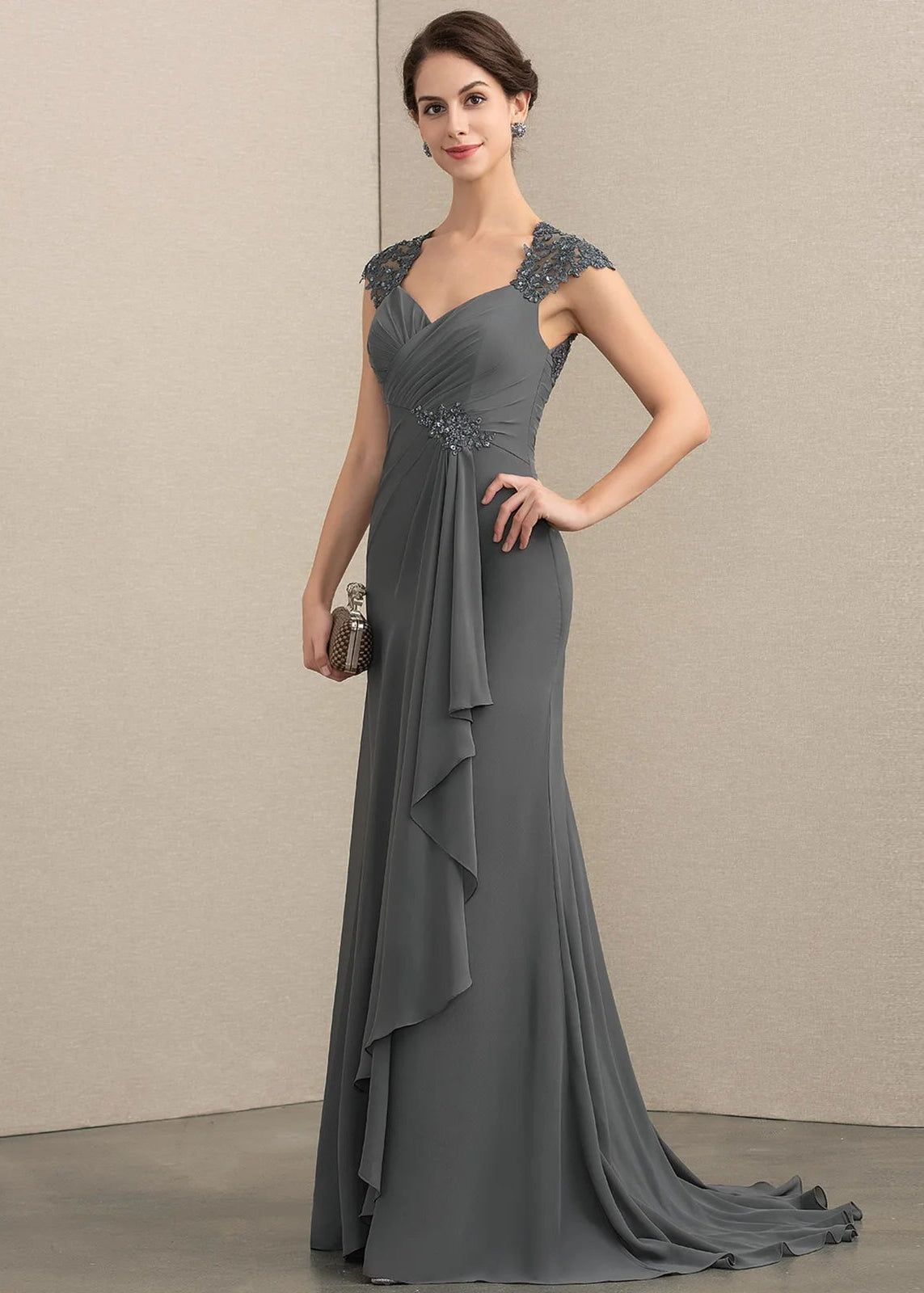 Elegant A-Line Sweetheart Cap Sleeve Beaded Ruched Charcoal Floor-Length Mother of the Bride Dress