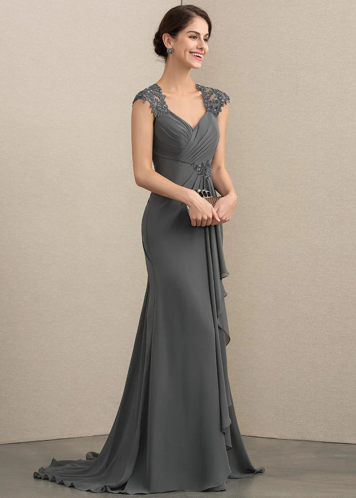 Elegant A-Line Sweetheart Cap Sleeve Beaded Ruched Charcoal Floor-Length Mother of the Bride Dress