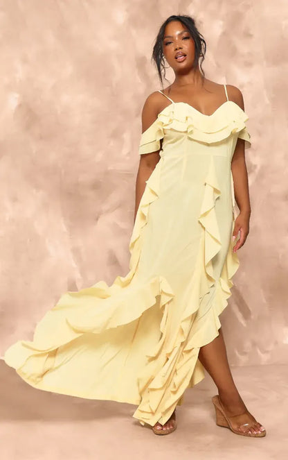 Elegant A-Line Sweetheart Cold-Shoulder Cascading Ruffle Yellow Maxi Evening Dresses Women