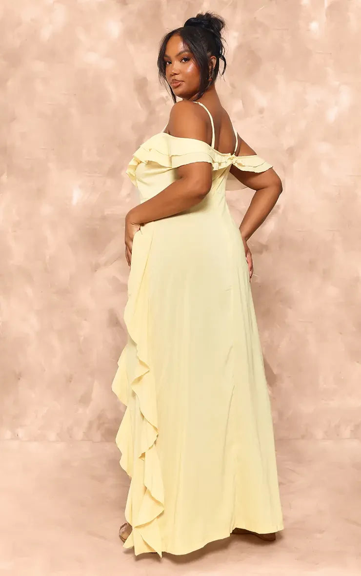 Elegant A-Line Sweetheart Cold-Shoulder Cascading Ruffle Yellow Maxi Evening Dresses Women