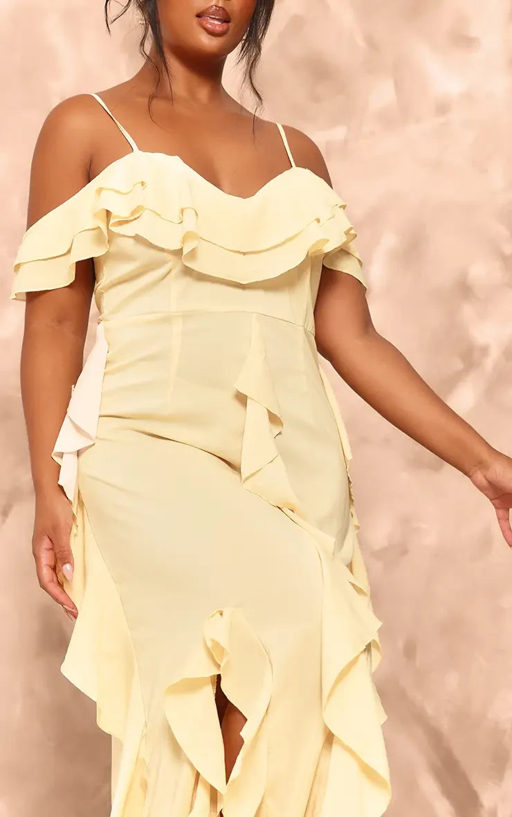 Elegant A-Line Sweetheart Cold-Shoulder Cascading Ruffle Yellow Maxi Evening Dresses Women