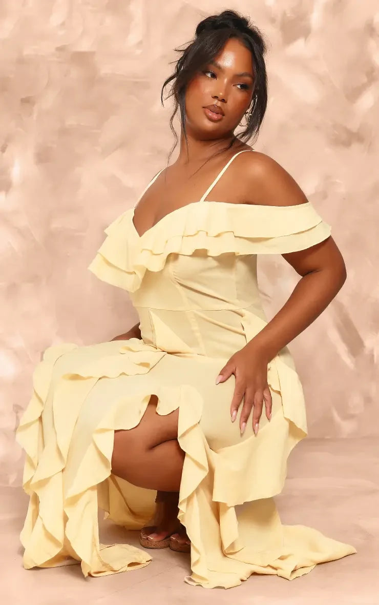 Elegant A-Line Sweetheart Cold-Shoulder Cascading Ruffle Yellow Maxi Evening Dresses Women