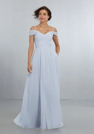 Elegant A-Line Sweetheart Cold-Shoulder Ruched Blue Floor-Length Bridesmaid Dress Women Gown