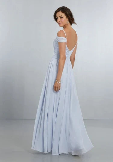 Elegant A-Line Sweetheart Cold-Shoulder Ruched Blue Floor-Length Bridesmaid Dress Women Gown