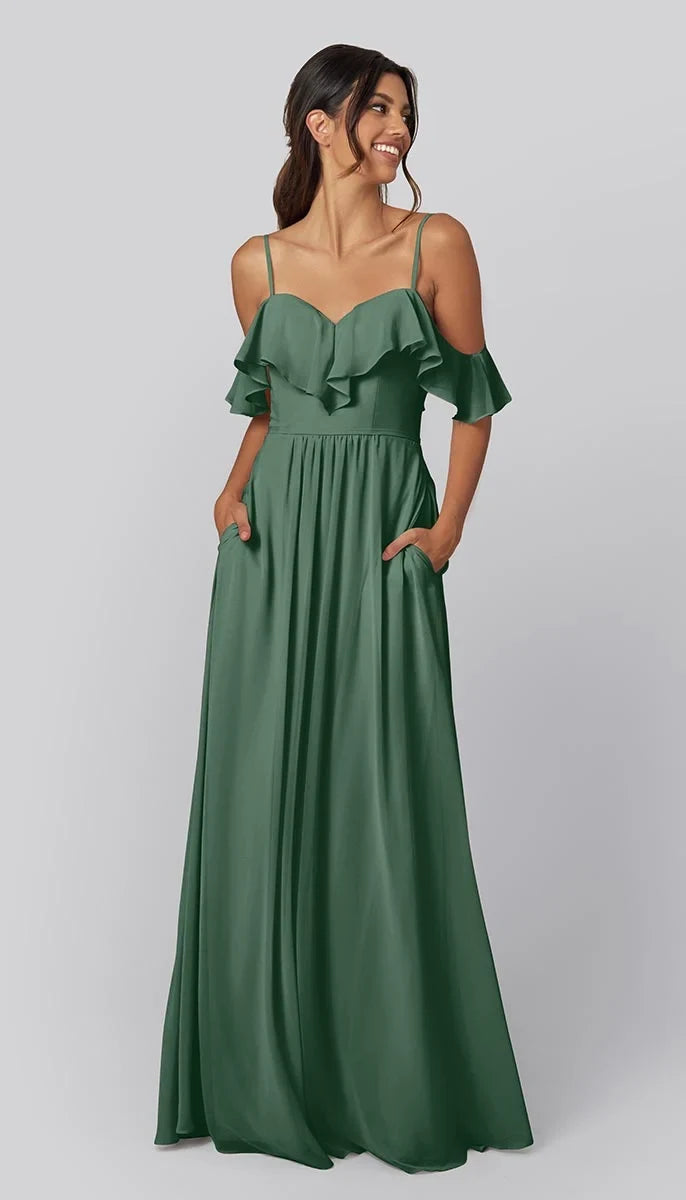 Elegant A-Line Sweetheart Cold-Shoulder Ruffled Pocket Eucalyptus Maxi Bridesmaid Dress Women