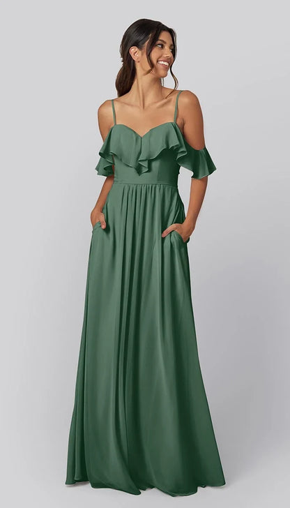 Elegant A-Line Sweetheart Cold-Shoulder Ruffled Pocket Eucalyptus Maxi Bridesmaid Dress Women
