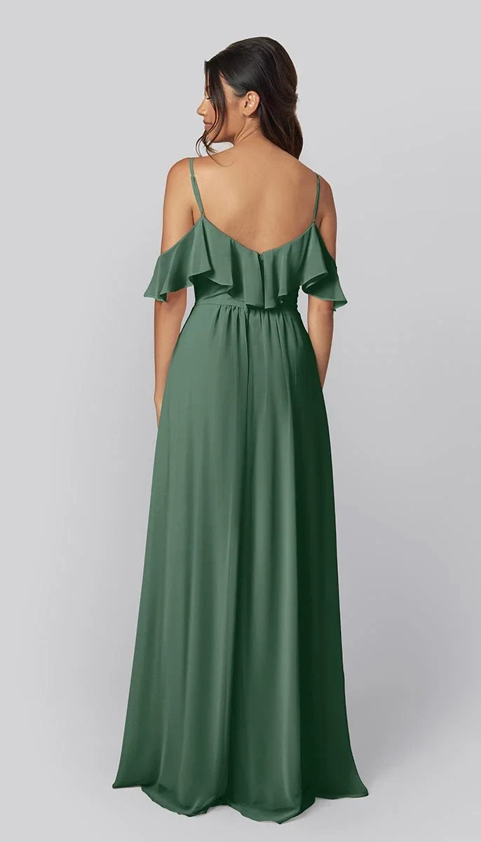 Elegant A-Line Sweetheart Cold-Shoulder Ruffled Pocket Eucalyptus Maxi Bridesmaid Dress Women