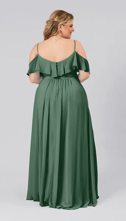 Elegant A-Line Sweetheart Cold-Shoulder Ruffled Pocket Eucalyptus Maxi Bridesmaid Dress Women