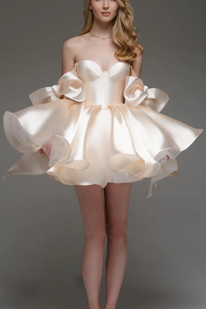 Elegant A-Line Sweetheart Convertible Off-Shoulder Ruffled Princess Champagne Short Homecoming Dresses