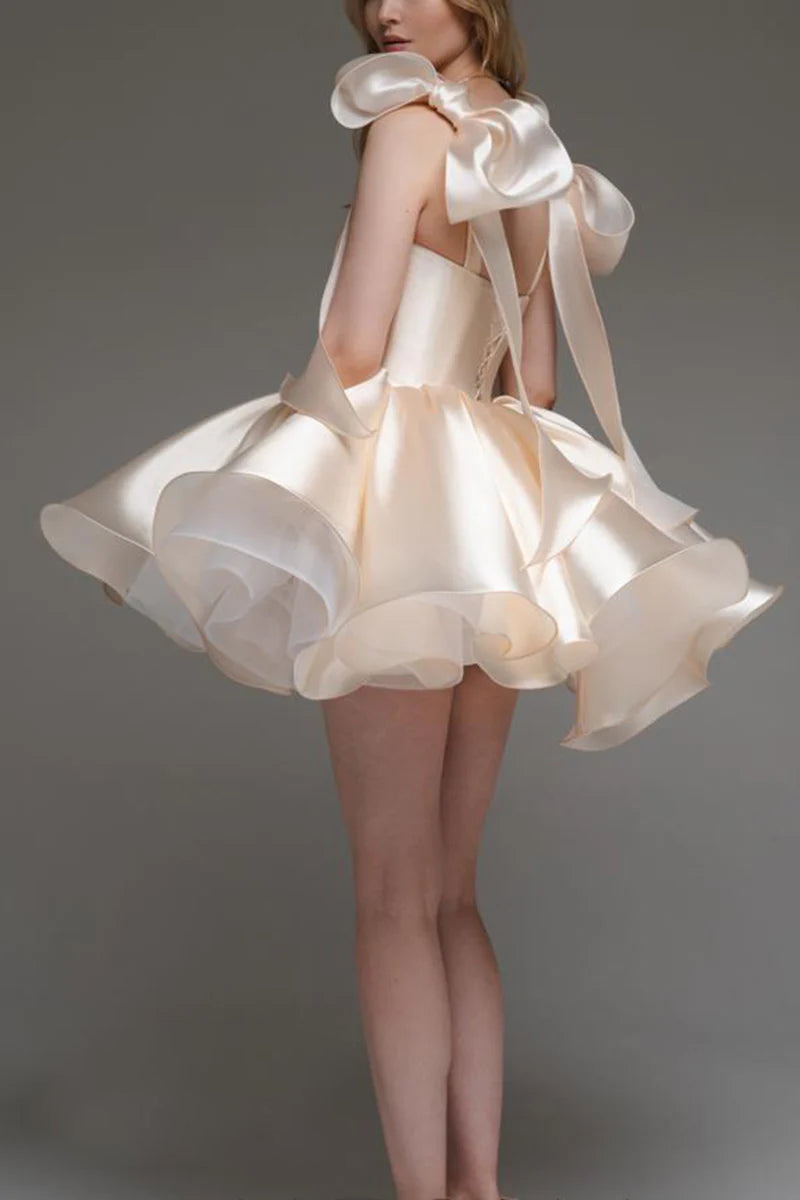 Elegant A-Line Sweetheart Convertible Off-Shoulder Ruffled Princess Champagne Short Homecoming Dresses