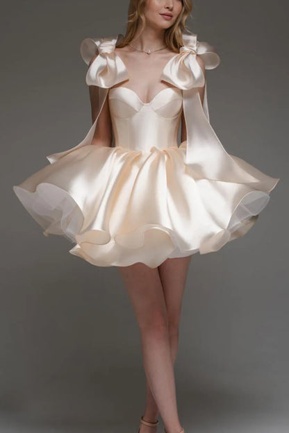 Elegant A-Line Sweetheart Convertible Off-Shoulder Ruffled Princess Champagne Short Homecoming Dresses
