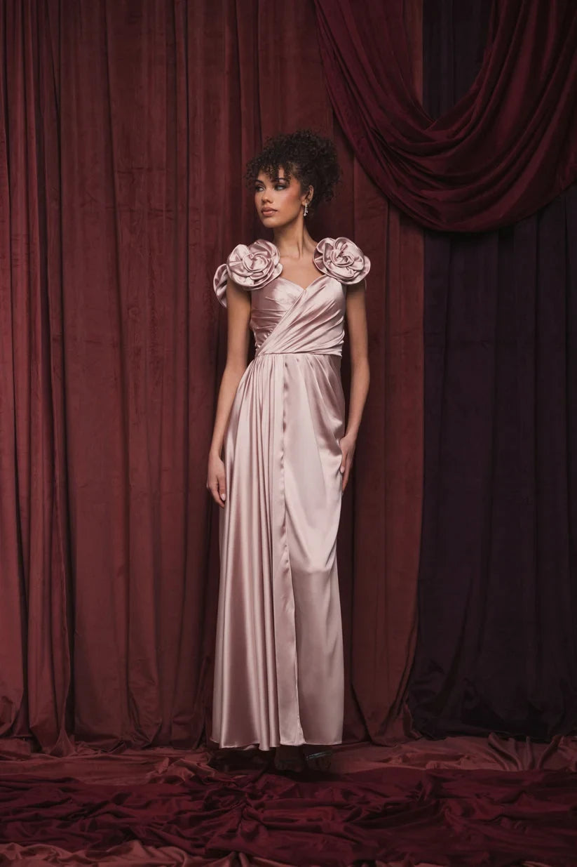 Elegant A-Line Sweetheart Draped Floral Dusty Rose Mother of the Bride Gown