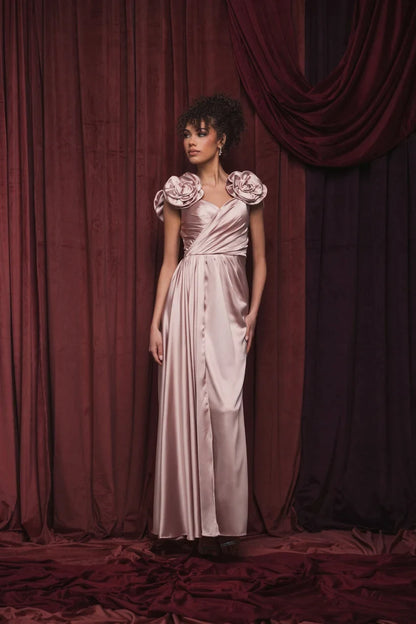 Elegant A-Line Sweetheart Draped Floral Dusty Rose Mother of the Bride Gown