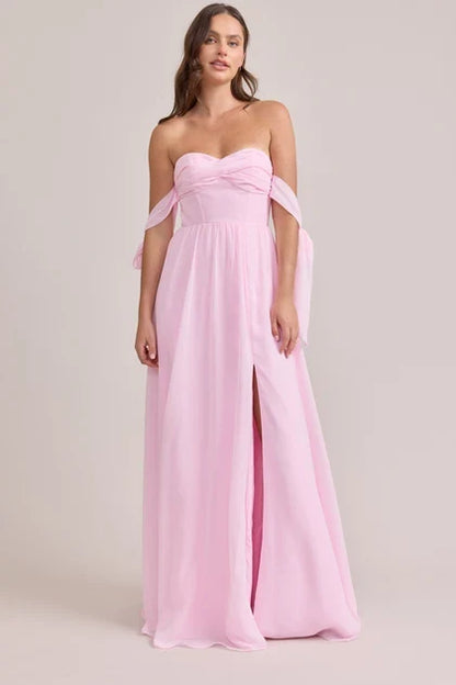 Elegant A-Line Sweetheart Draped Light Pink Floor-Length Bridesmaid Gown