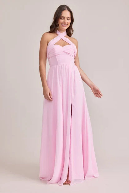 Elegant A-Line Sweetheart Draped Light Pink Floor-Length Bridesmaid Gown