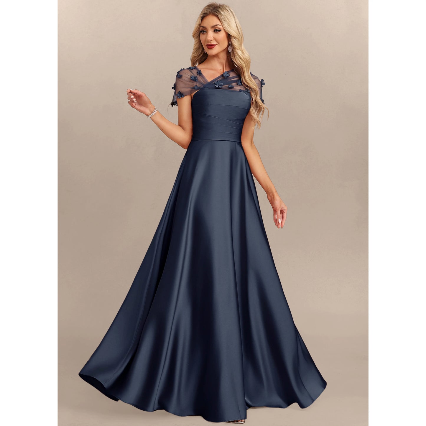 Elegant A-Line Sweetheart Floral Short Sleeve Navy Blue Floor-Length Mother of the Bride Gown