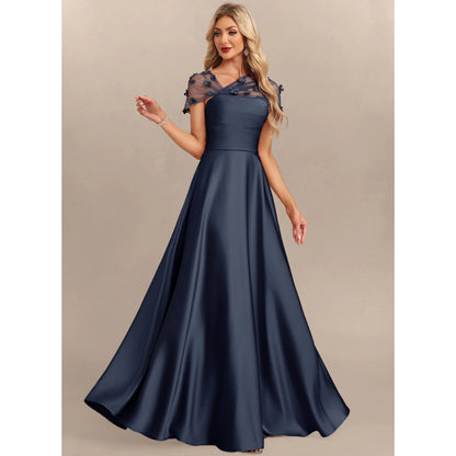 Elegant A-Line Sweetheart Floral Short Sleeve Navy Blue Floor-Length Mother of the Bride Gown