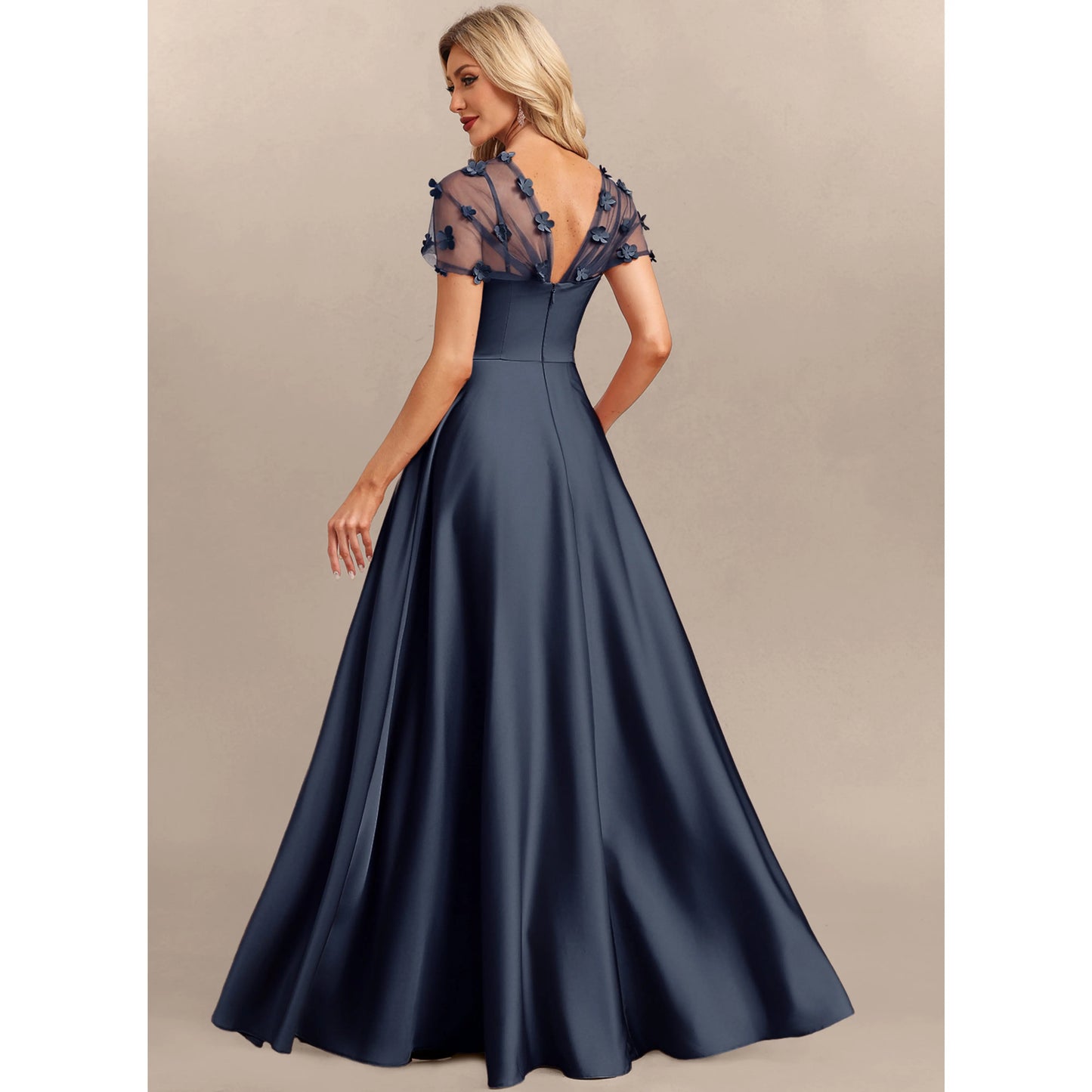 Elegant A-Line Sweetheart Floral Short Sleeve Navy Blue Floor-Length Mother of the Bride Gown