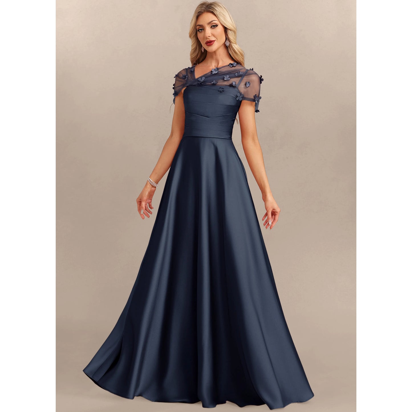 Elegant A-Line Sweetheart Floral Short Sleeve Navy Blue Floor-Length Mother of the Bride Gown